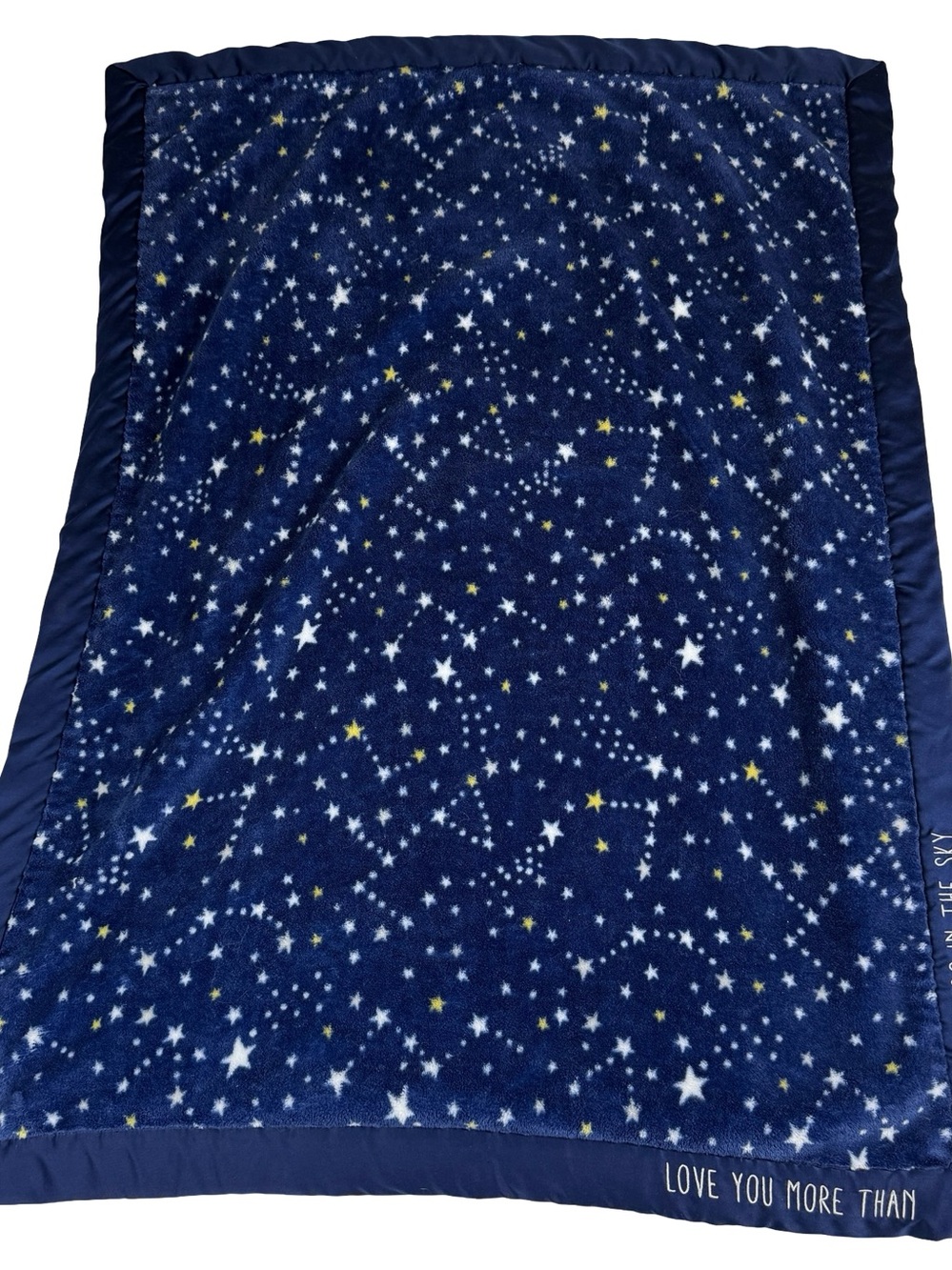 Celestial Baby Blanket Wendy Bellissimo Star Collection Navy Blue Satin Trim EUC